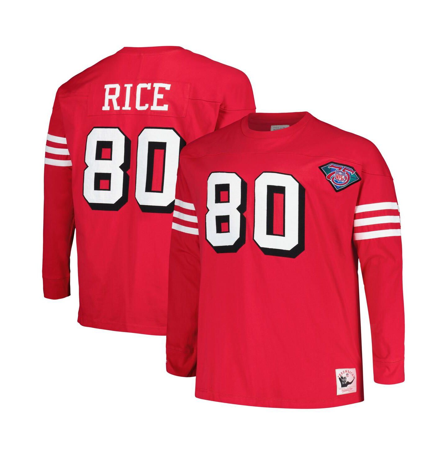 Мужская футболка Mitchell & Ness Jerry Rice Scarlet San Francisco 49ers Big and Tall Cut and Sew Player Name and Number Long Sleeve — фото 1