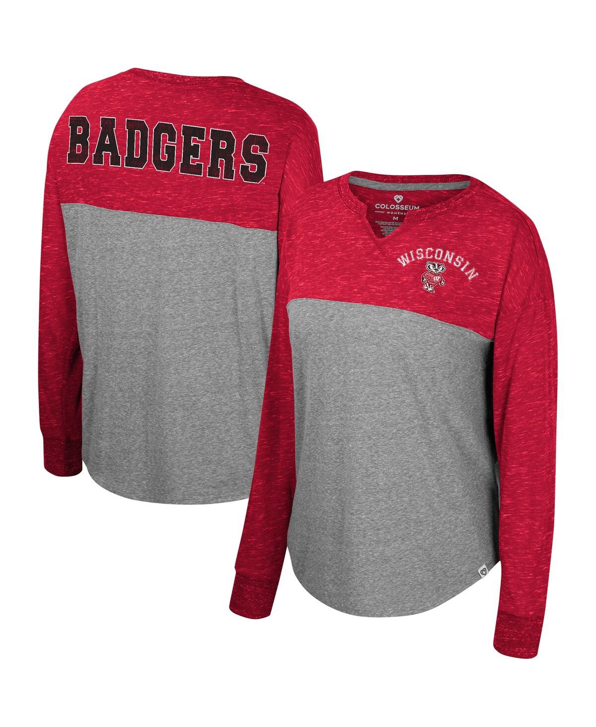 Colosseum Women's  Heather Gray, Red Distressed Wisconsin Badgers Jelly Of The Month Oversized Tri-bl In Heather Gray,red