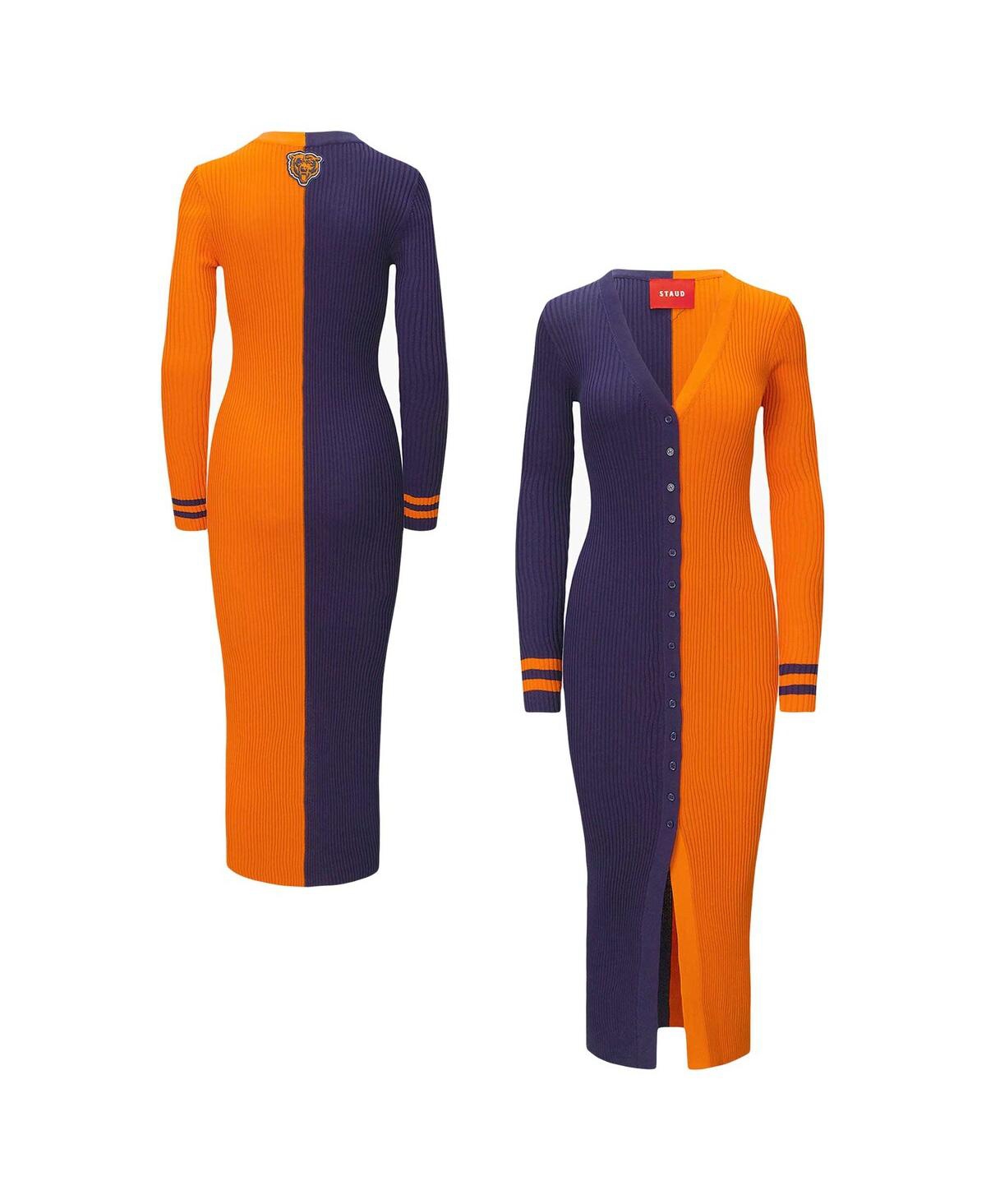 Shop Staud Women's  Navy, Orange Chicago Bears Shoko Knit Button-up Sweater Dress In Navy,orange