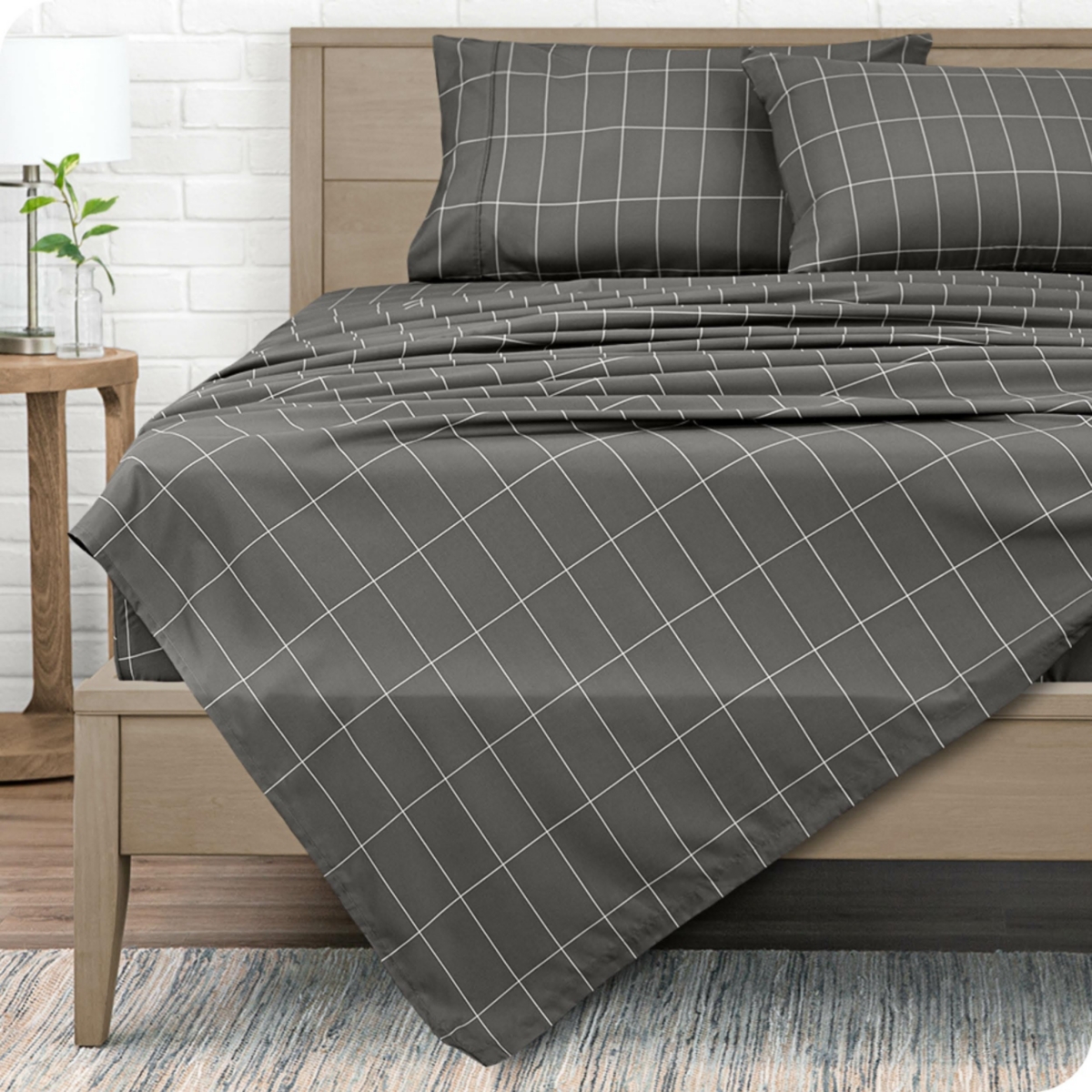 Bare Home Ultra-Soft Double Brushed Flat Top Sheet - Grid - grey/white
