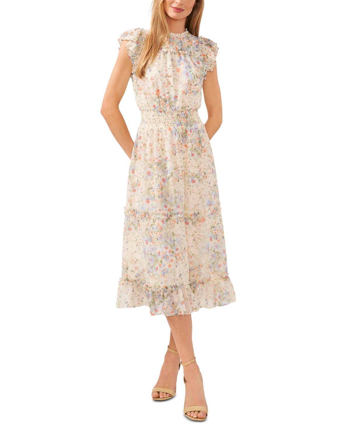 Shop Cece Women's Floral Flutter-sleeve Midi Dress In Egret