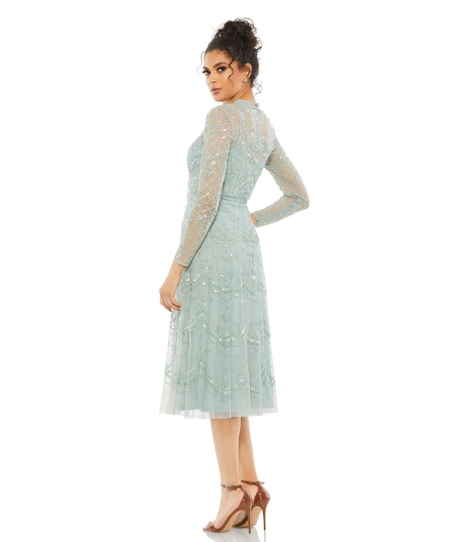 Women's Sequined Illusion High Neck Long Sleeve Midi Dress