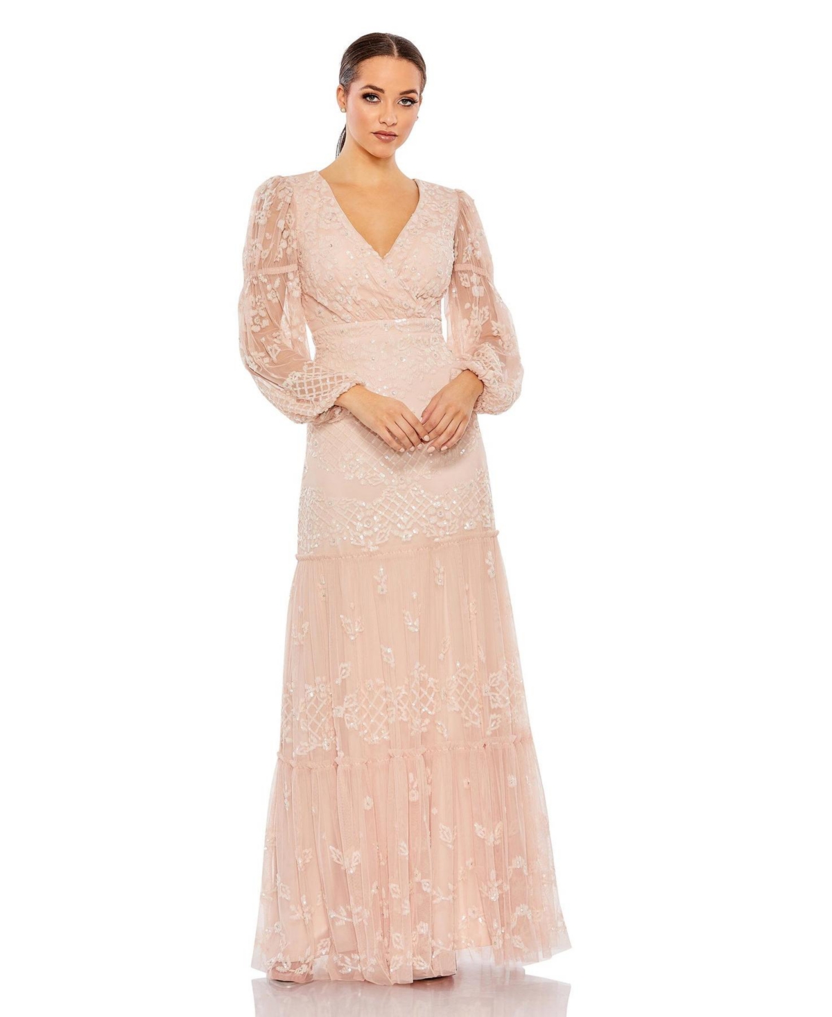 Women's Sequined Tiered Wrap Over Puff Sleeve Gown - Blush