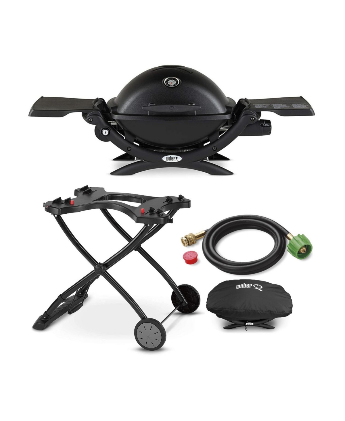 Q1200 Liquid Propane Grill (Black) with Portable Cart, Adapter Hose Bundle - Black