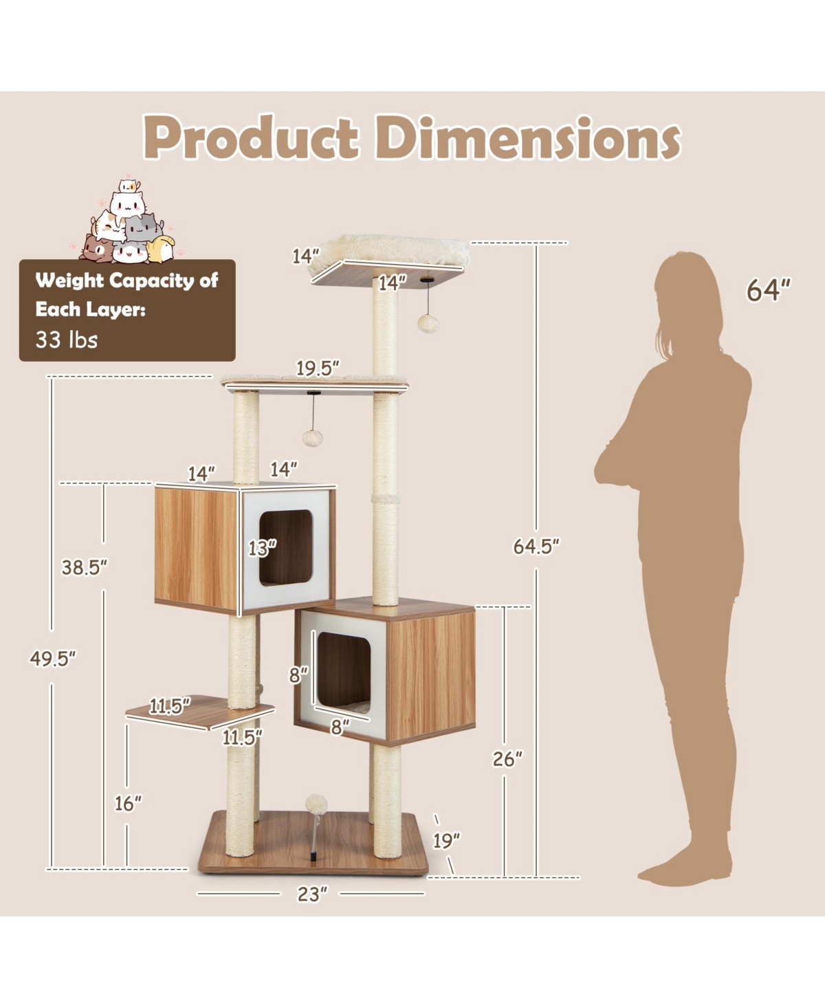 Vebreda Sugift Modern Wooden Cat Tree with Perch Condos and Washable Cushions