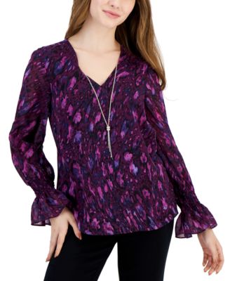 JM Collection - Petite Glam Animal Printed Smocked Necklace Top