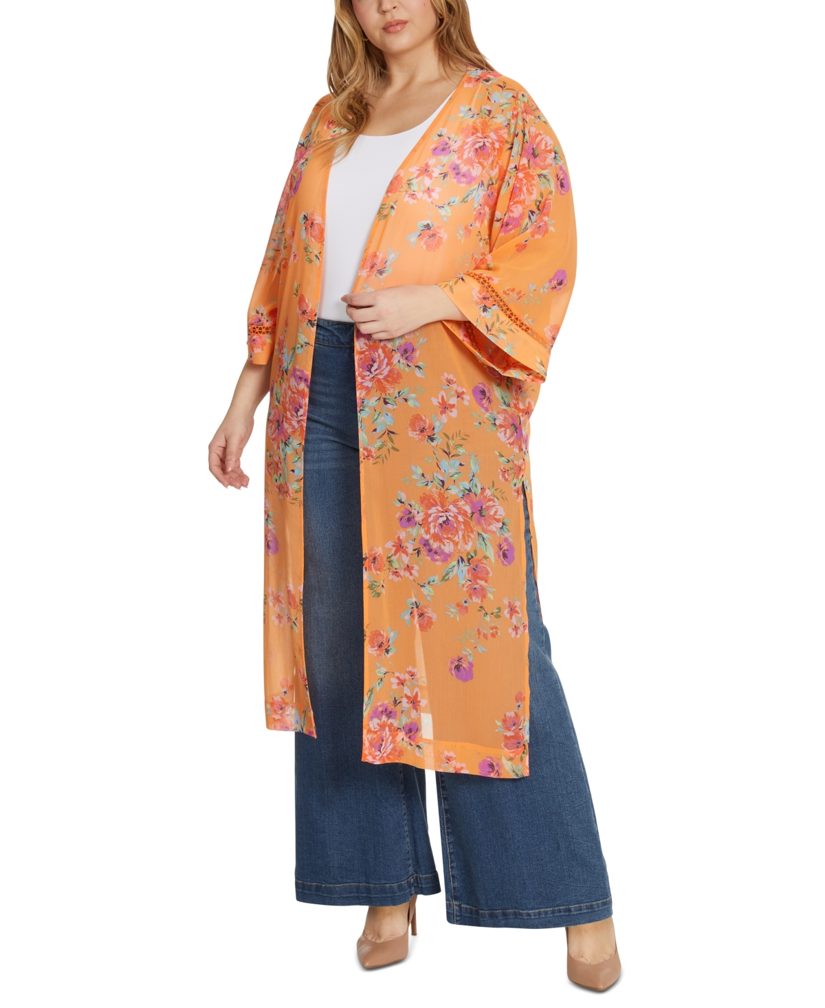 Trendy Plus Size Caelan Floral Kimono - Autumn Sunset - Watercolor Roses