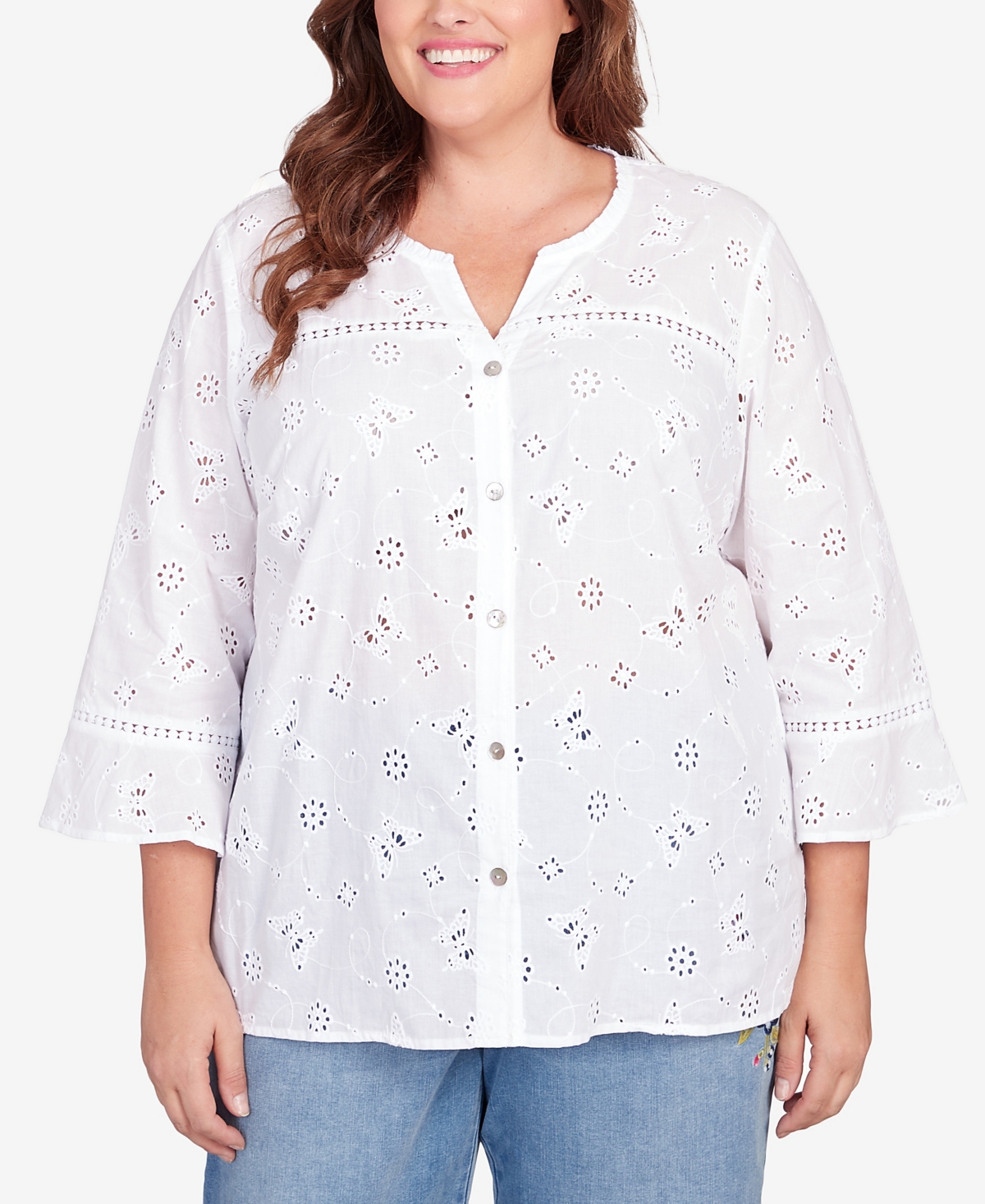 Plus Size In Full Bloom Butterfly Eyelet Button Front Shirt - White