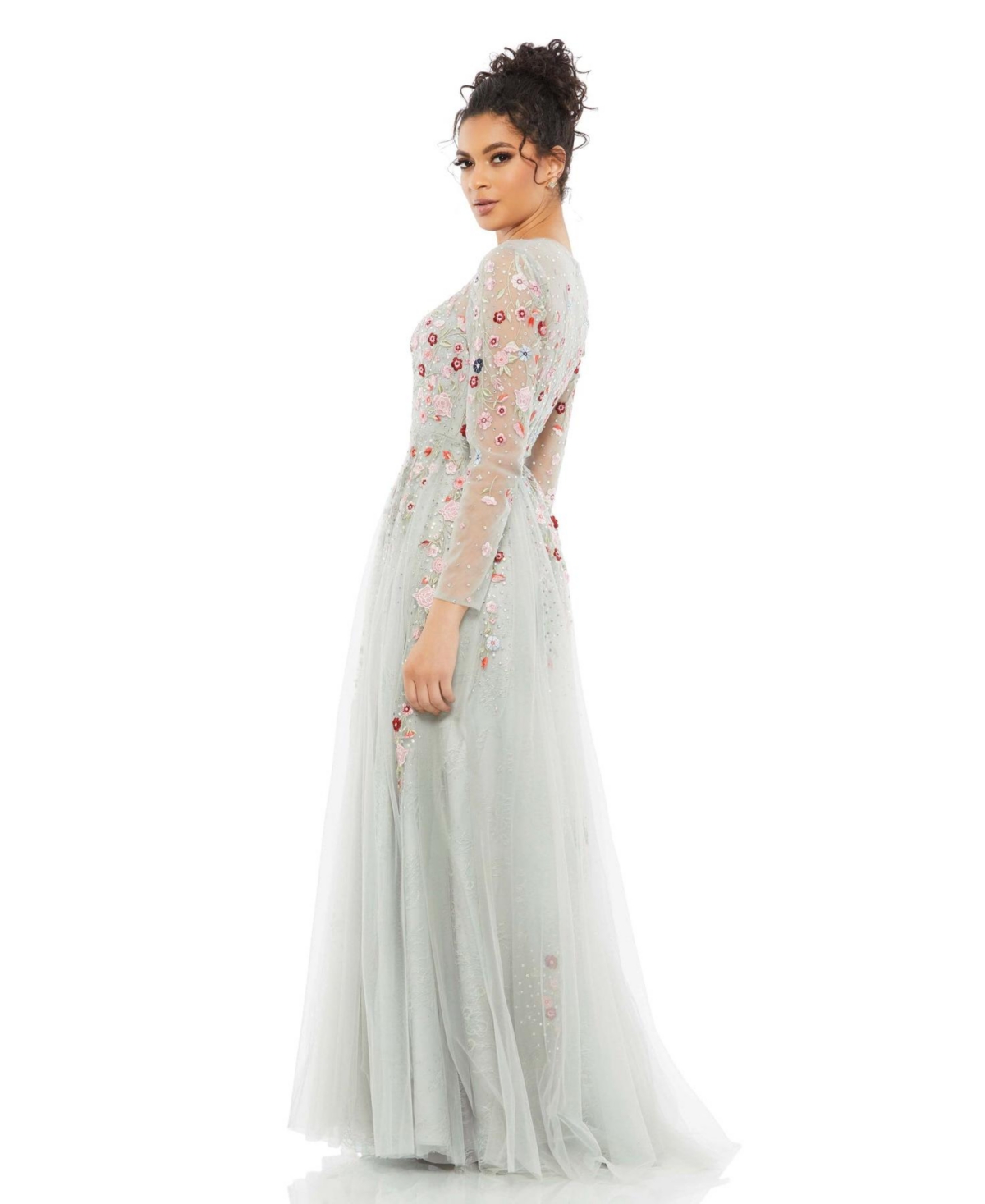 Women's Embroidered Illusion High Neck Long Sleeve A Line Gown