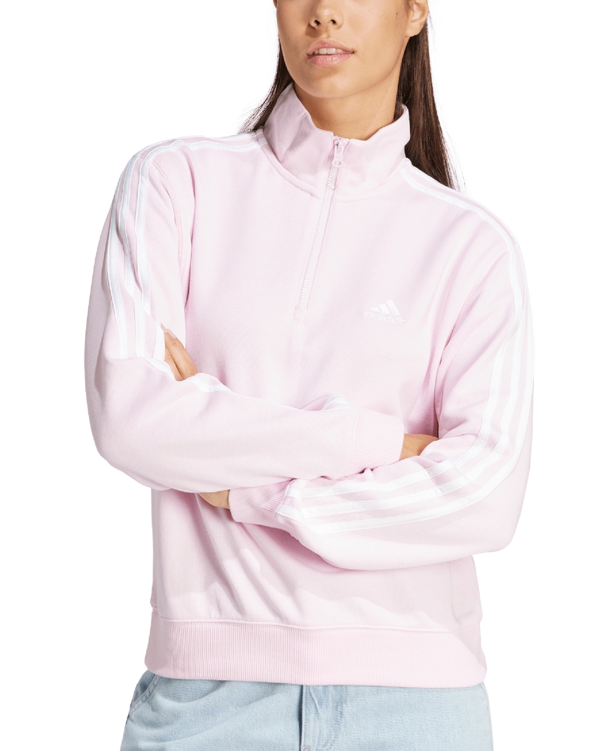 Shop Adidas Originals Women's Cotton 3-stripes Quarter-zip Sweatshirt In Off White,putty Grey