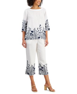 Womens Linen Embroidered 3 4 Sleeve Top Cropped Pants Created For Macys