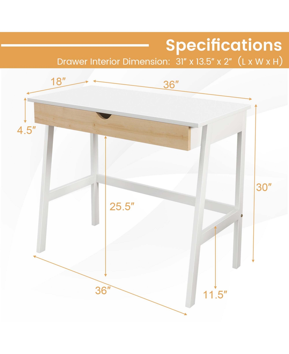Computer Desk Wooden Workstation Vanity Table w/ 1 Drawer & Rubber Wood Legs
