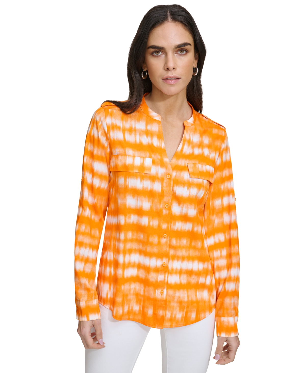 Shop Calvin Klein Women's Printed Chest-pocket Blouse In Turmeric Combo