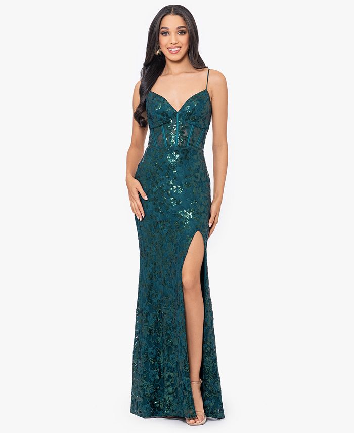 Blondie Nites Juniors' Sequined Lace Corset Gown - Macy's