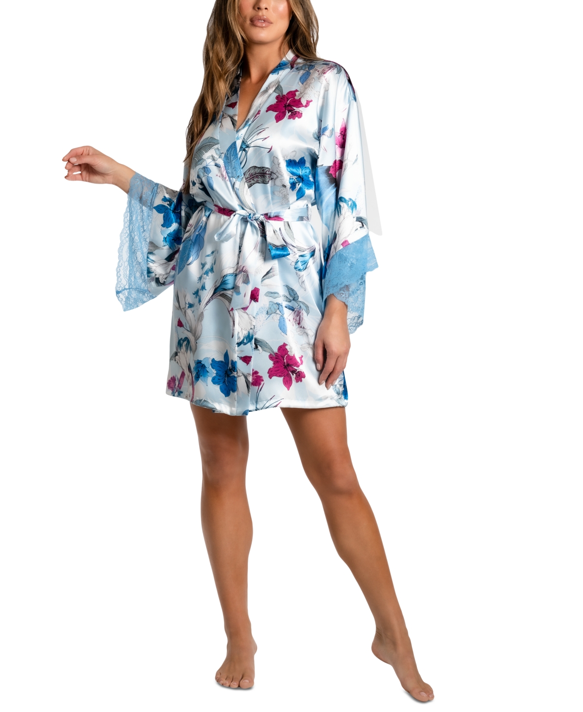 Shop Linea Donatella Women's Ayanna Satin Lace-trim Robe In Blue