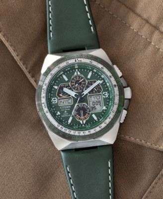 Eco-Drive Men's Chronograph Promaster Skyhawk Green Leather Strap Watch 46mm