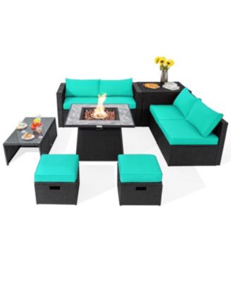 9 Pieces Outdoor Wicker Sectional with 35 Inch Gas Fire Pit Table
