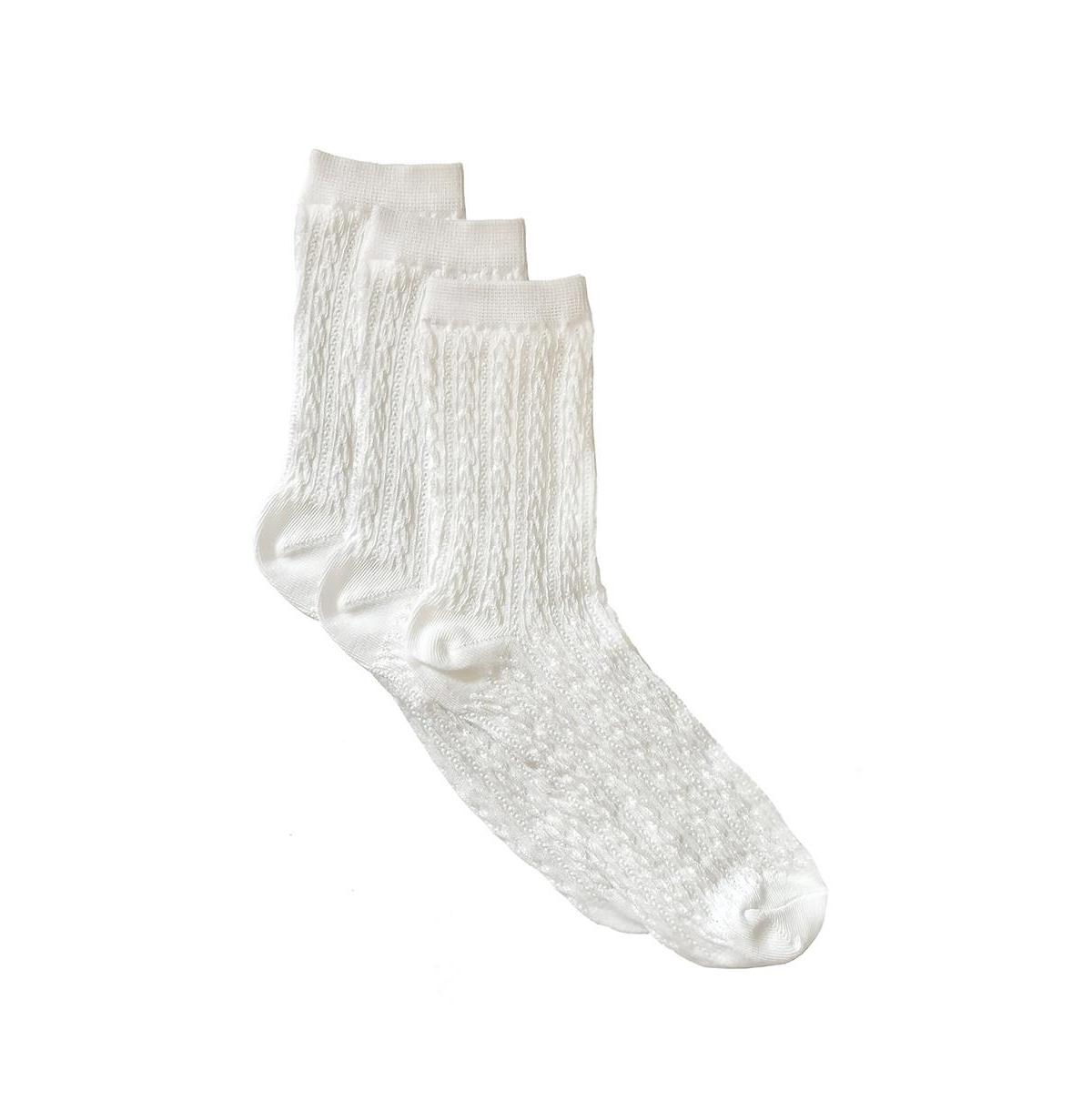 Three Pack Cable Knit Crew Socks - White
