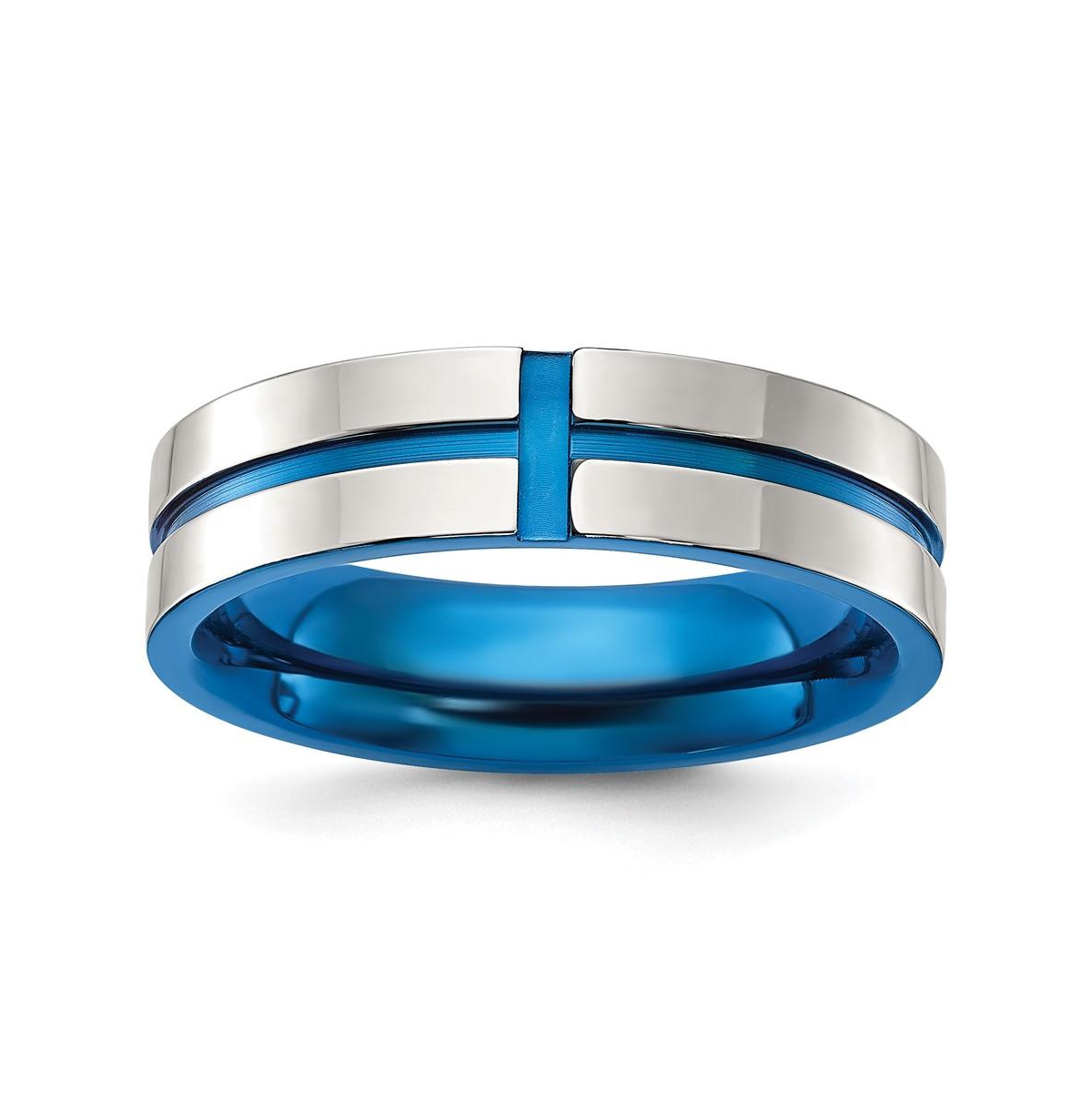 Stainless Steel Polished Blue Ip-plated Grooved Band Ring - Blue