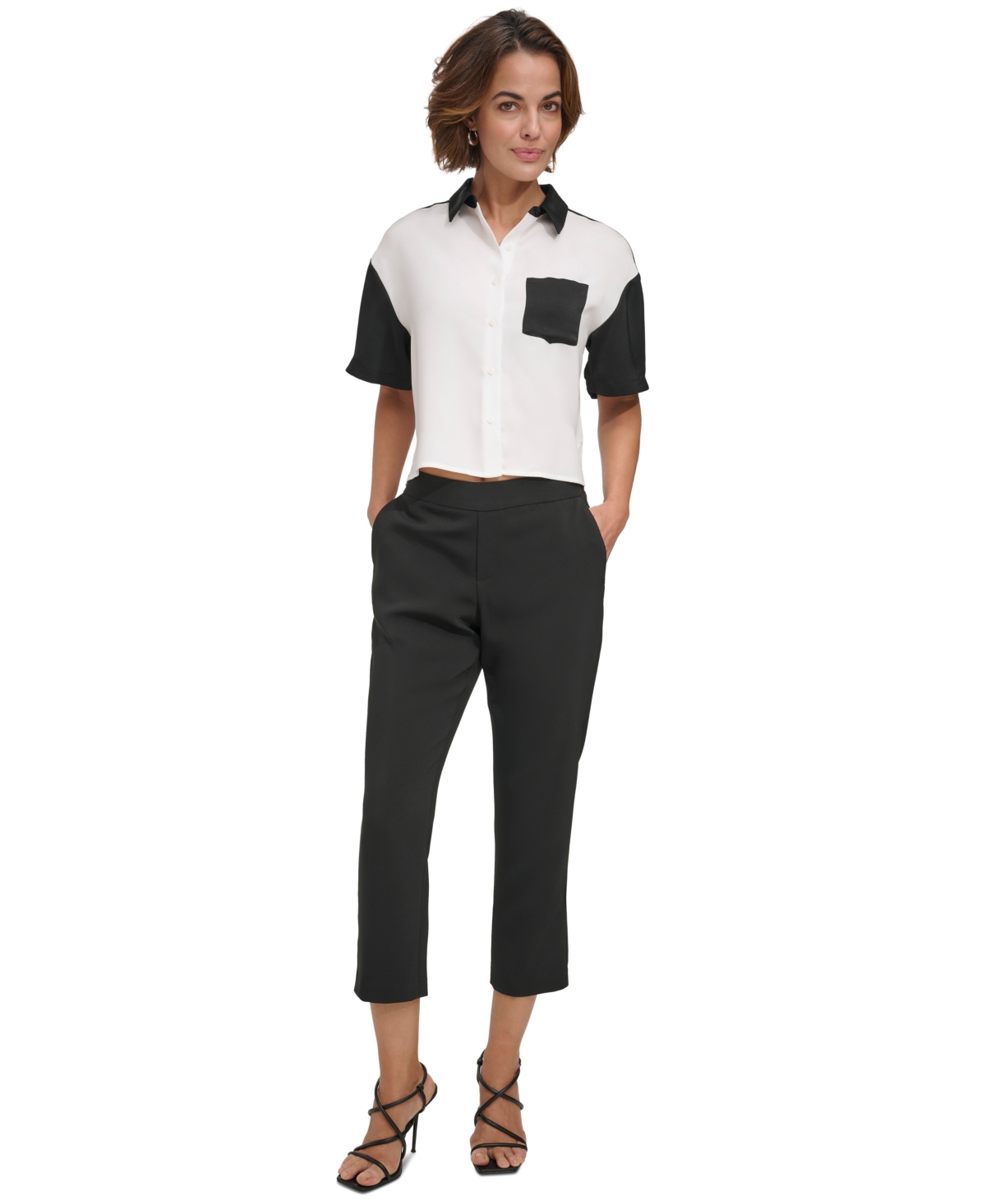 Shop Dkny Women's Colorblocked Short-sleeve Shirt In Ivory,black