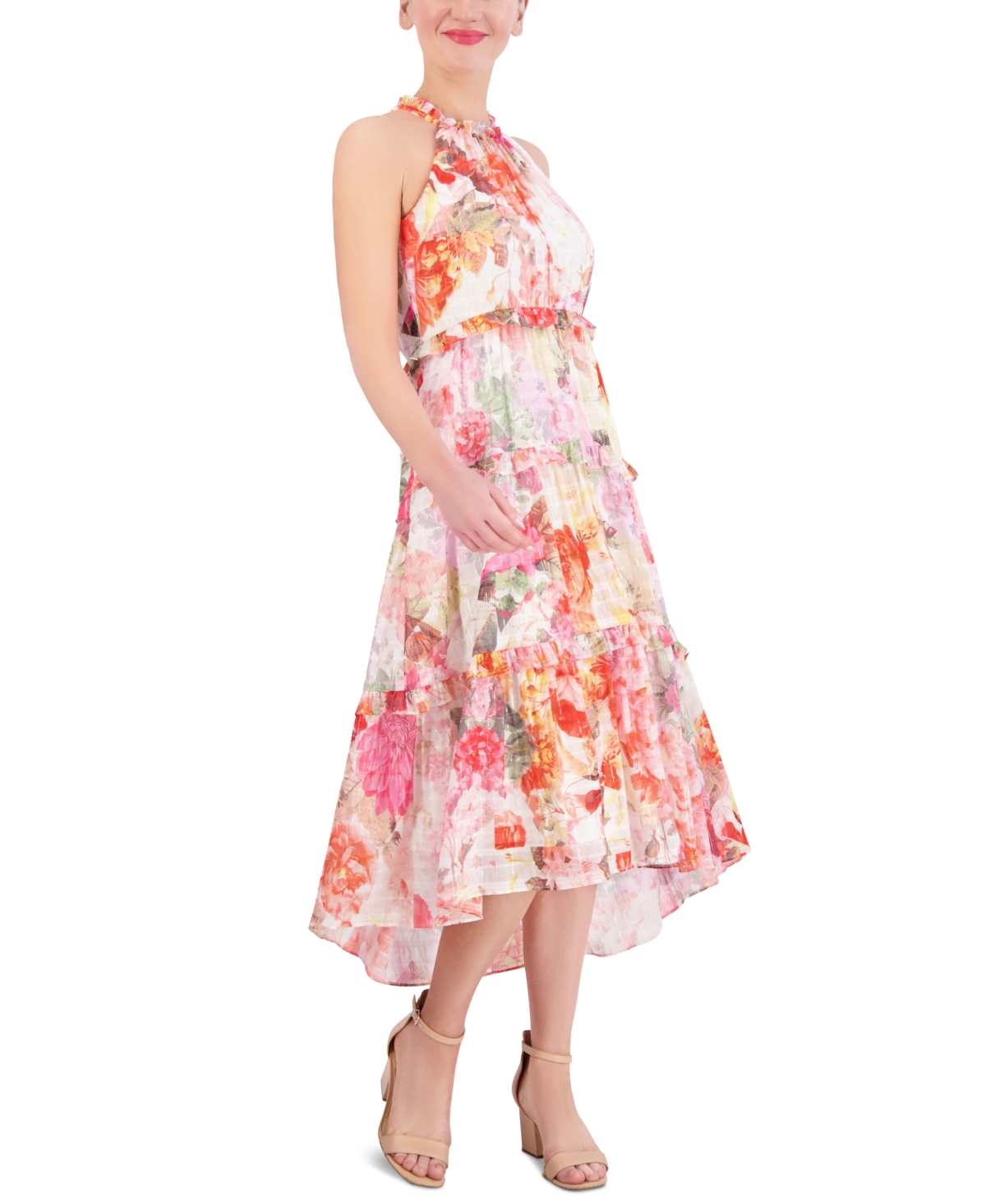 Shop Vince Camuto Women's Printed Chiffon Ruffle-tier High-low Dress In Pink