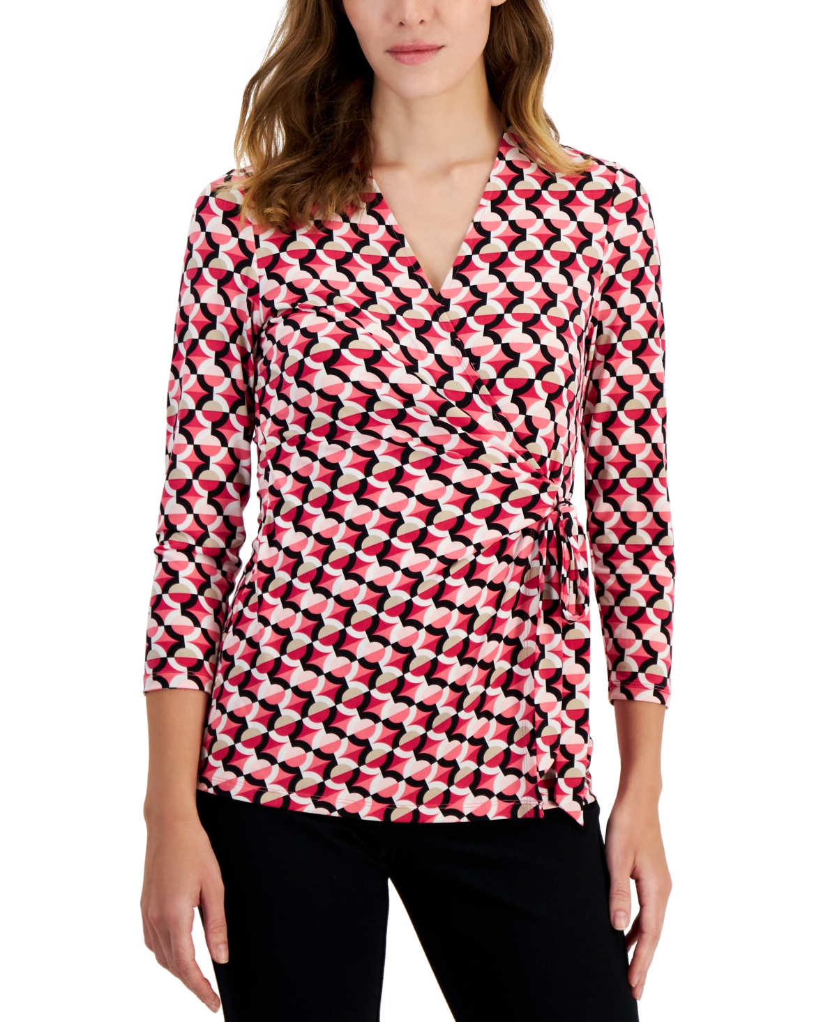 Shop Anne Klein Printed Tie-waist Top In Rich Camellia Multi
