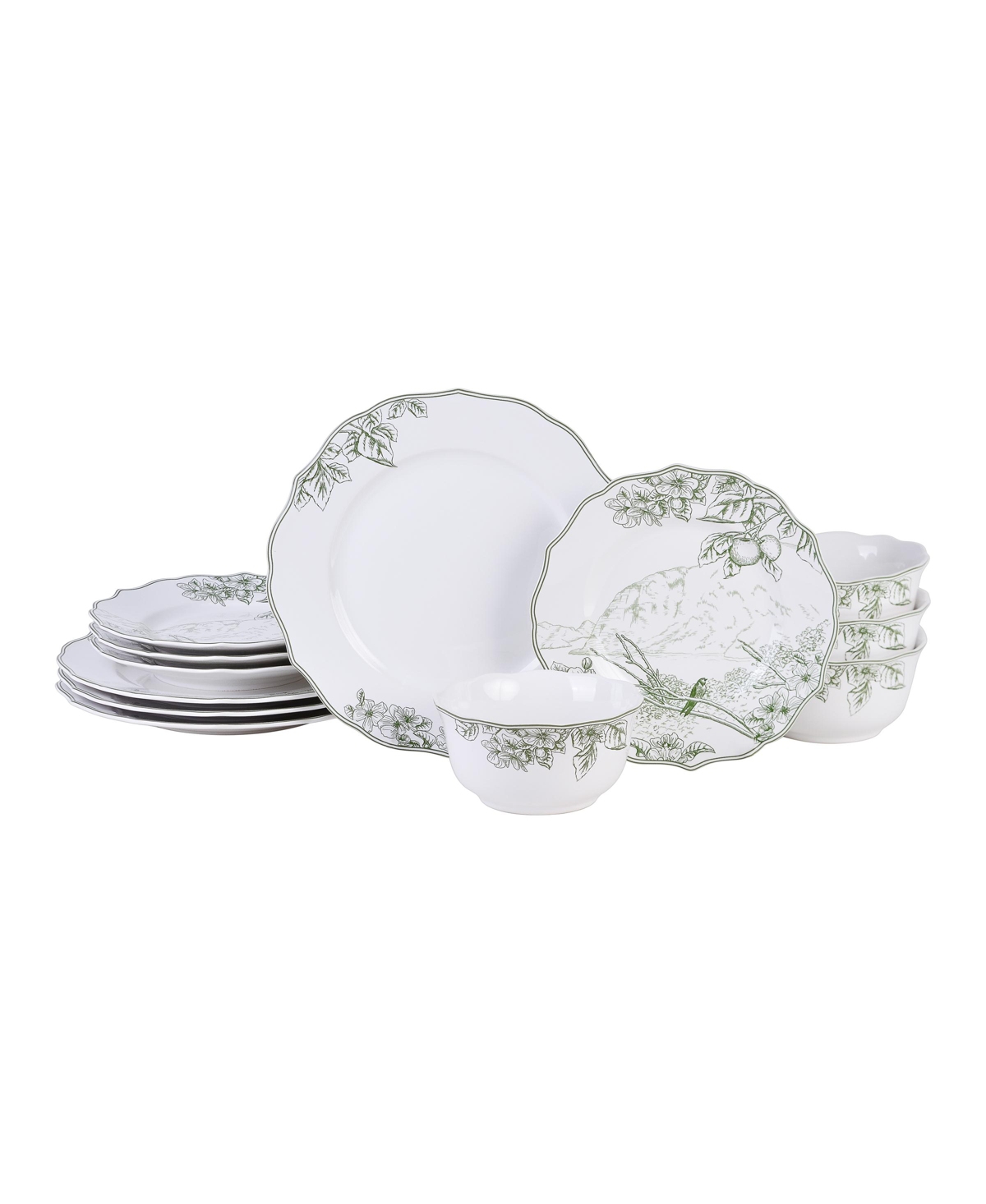Hudson Valley Decal on White Background Porcelain 12 Pc Dinnerware Set, Service for 4 - Green