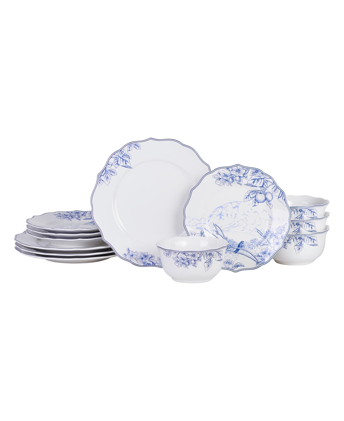 Hudson Valley Decal on White Background Porcelain 12 Pc Dinnerware Set, Service for 4 - Green