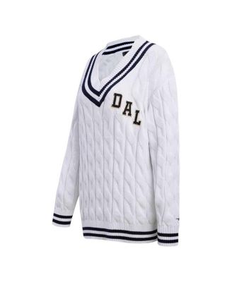 Women's White Dallas Cowboys Prep V-Neck Pullover Sweater