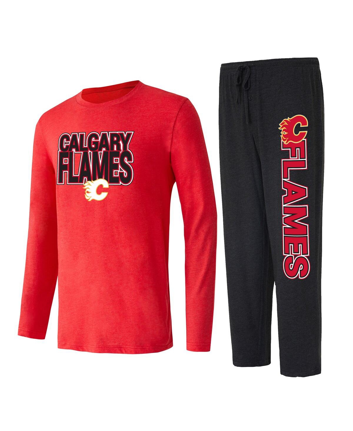 Concepts Sport Men's  Black, Red Calgary Flames Meter Long Sleeve T-shirt And Pants Sleep Set In Black,red