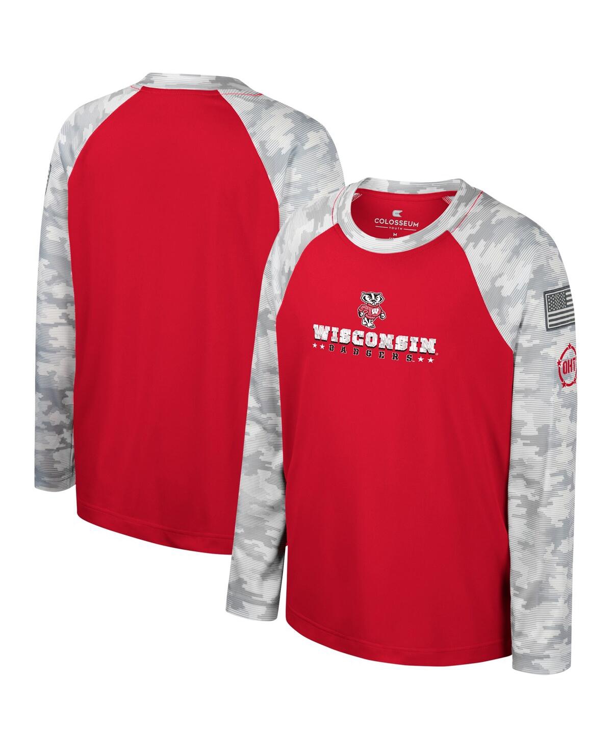 Colosseum Kids' Big Boys  Red, Camo Wisconsin Badgers Oht Military-inspired Appreciation Dark Star Raglan L In Red,camo