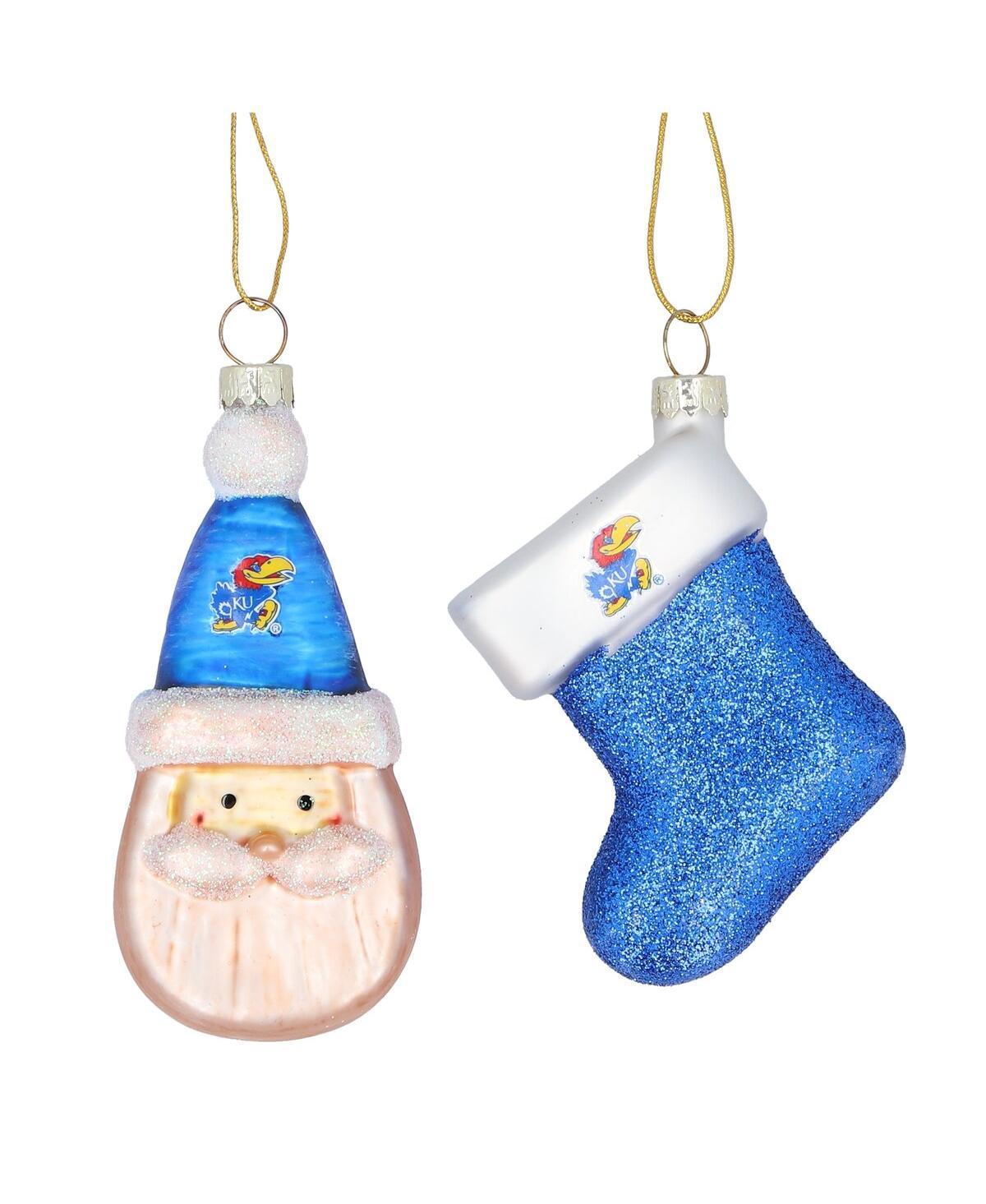 Kansas Jayhawks Two-Pack Santa and Stocking Blown Glass Ornament Set - Multi