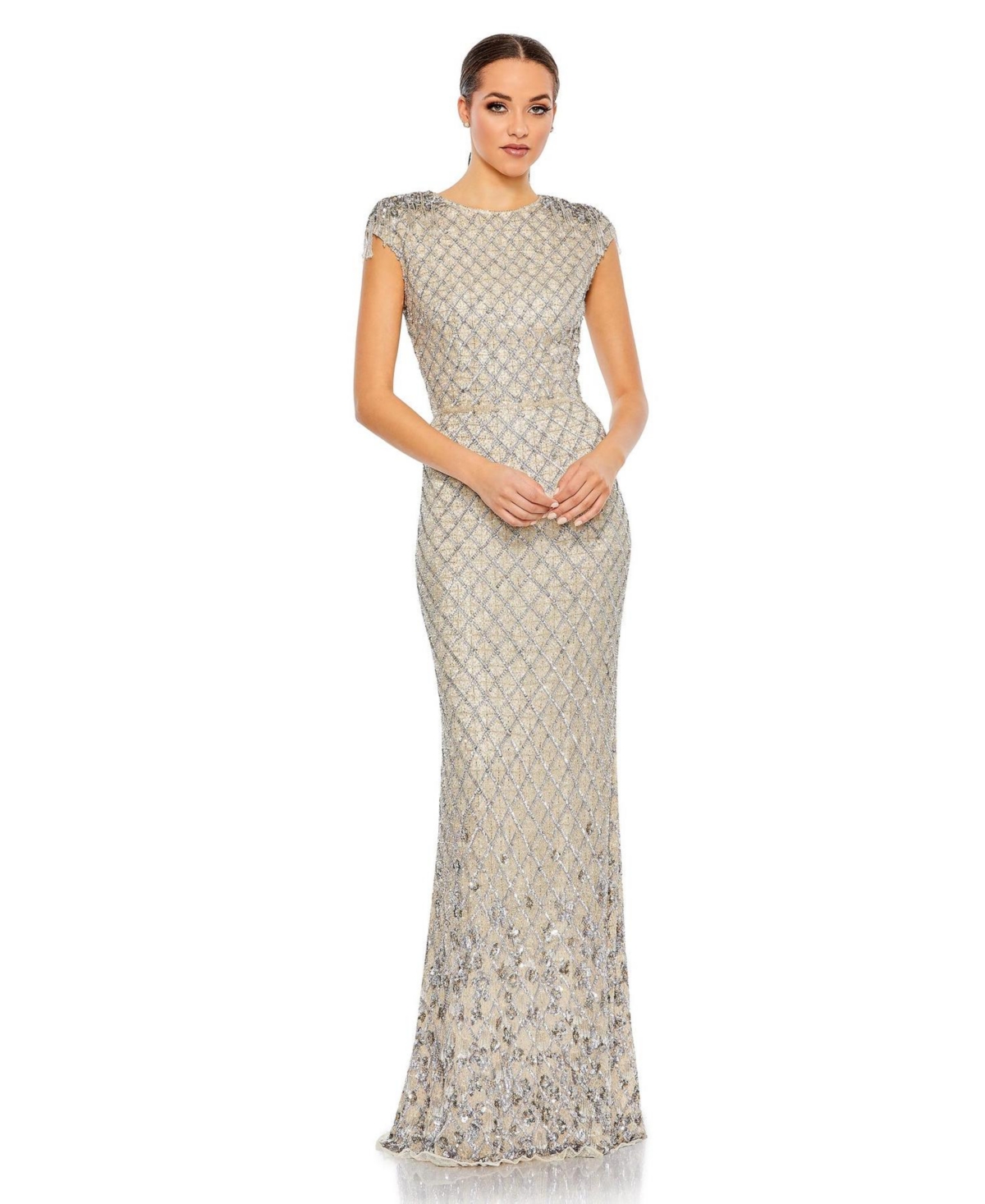 Women's Embellished Crystal Cap Sleeve Column Gown - Silver nude