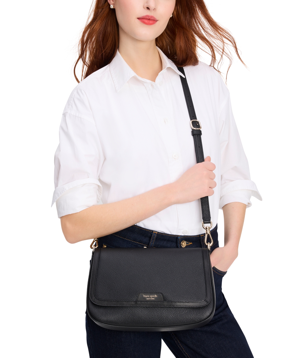 Shop Kate Spade Hudson Pebbled Leather Flap Small Shoulder Bag In Black