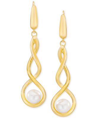 Cultured Freshwater Pearl (7-8mm) Twist Drop Leverback Earrings in 14k Gold