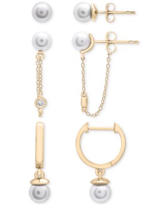 Macy's - 3-Pc. Set Cultured Freshwater Pearl (5mm) & White Topaz (x ct. t.w.) Stud, Chain, & Hoop Earrings in 14k Gold-Plated Sterling Silver