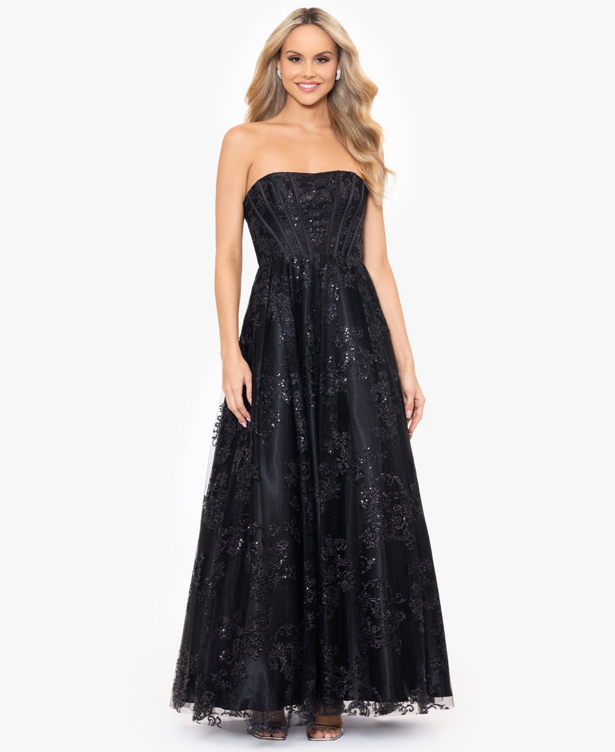 Juniors' Glittered Strapless Corset Gown - Black