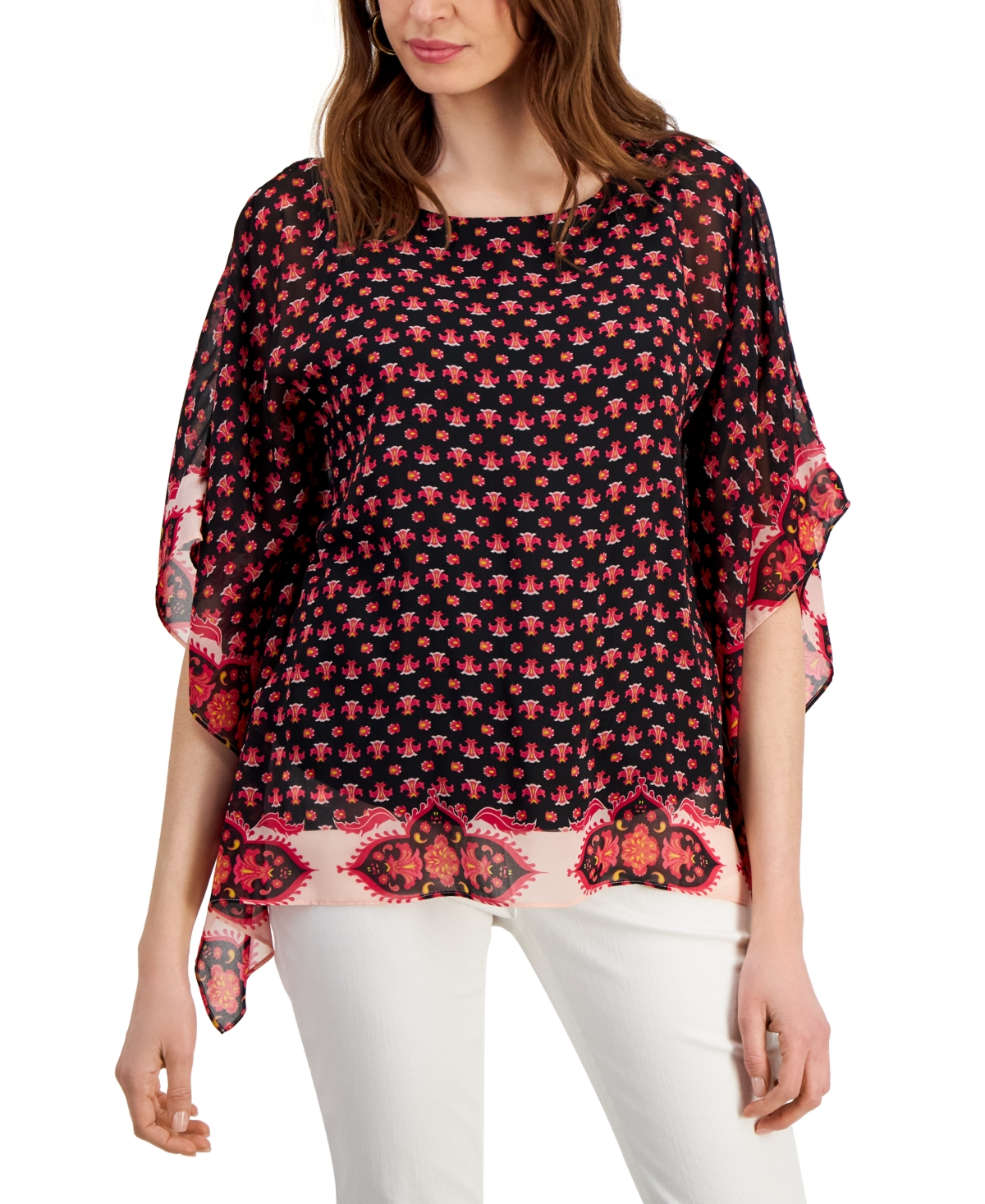 Jm Collection Women's Border-print Poncho Top, Created For Macy's In Deep Black Combo