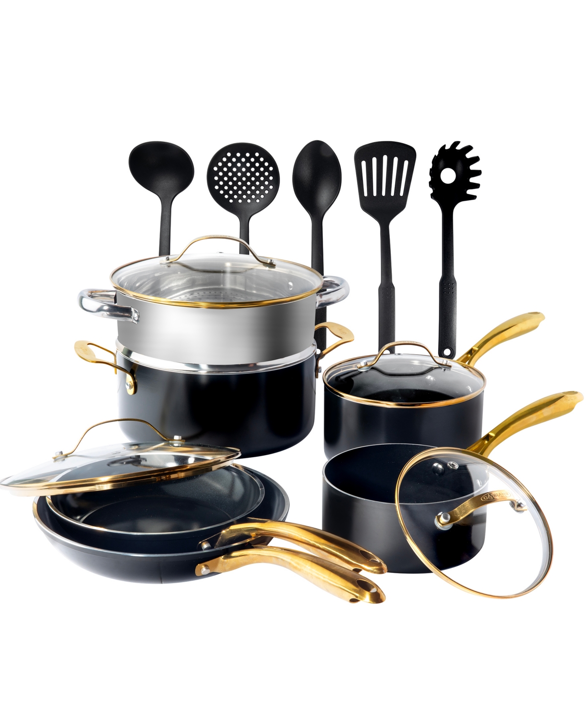 Gotham Steel Natural Collection Ceramic Coating Non-stick 15-piece Cookware Set With Gold-tone Handles In Black