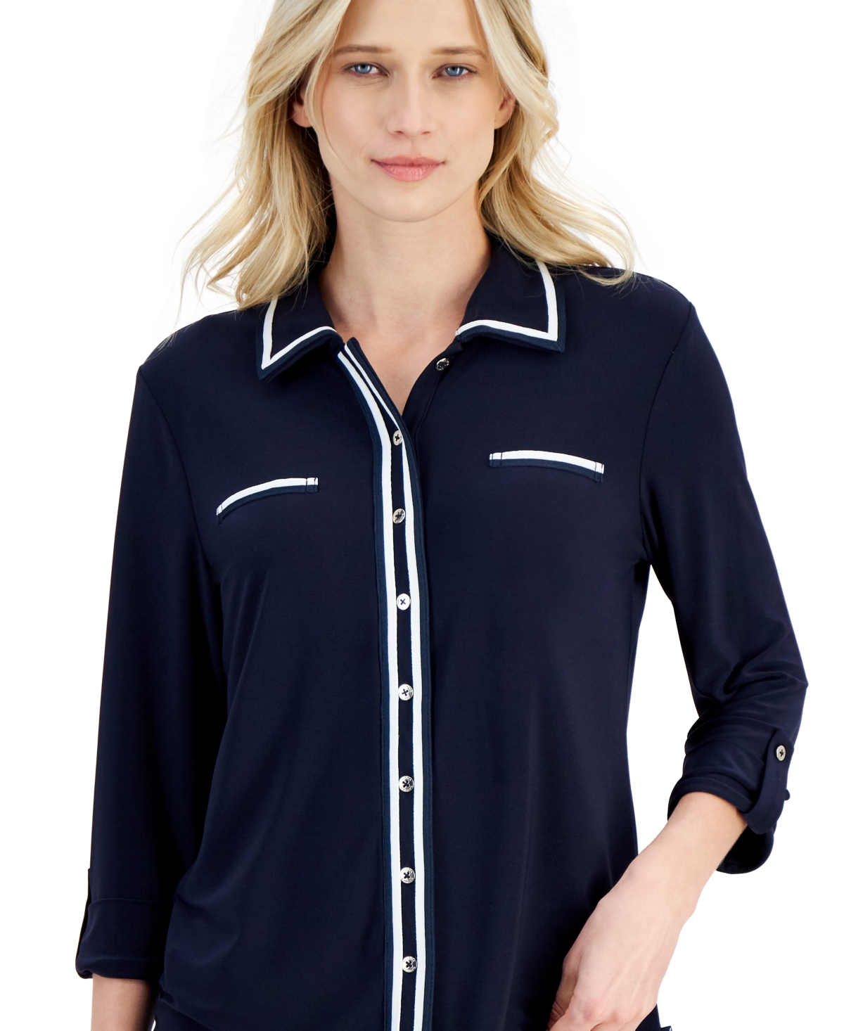 Shop Nautica Women's Knit Roll-tab Tipped Shirt In Blue