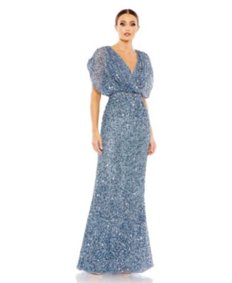 MAC DUGGAL SALE光沢 メタリック Vネック ロングドレス シルバー Mac Duggal Metallic Deep V-Neck Long Sleeve Twist Front Slit