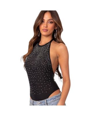 Women's Open back mesh rhinestone bodysuit
