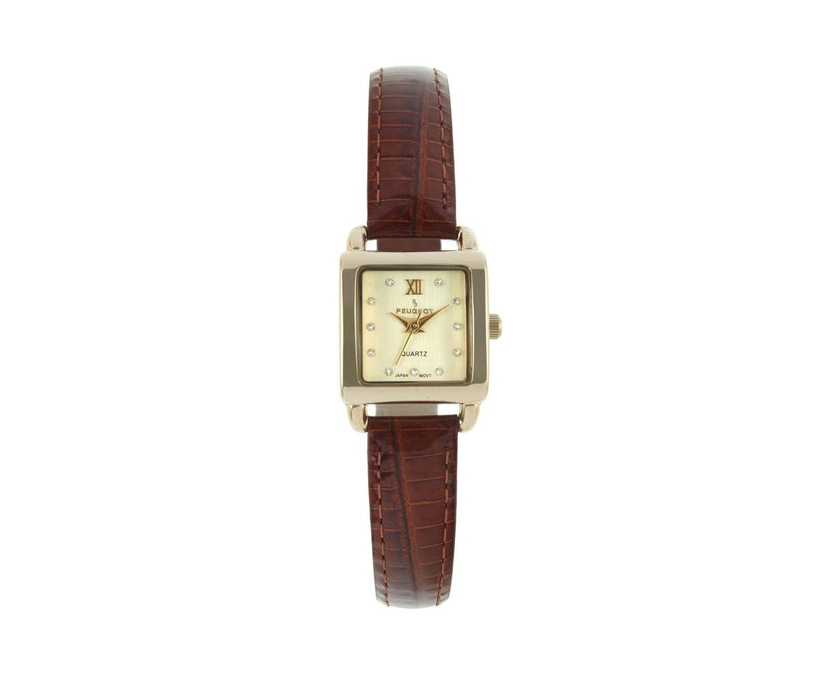 Women's 20mm Square Watch with Glossy Brown Leather Strap - Brown