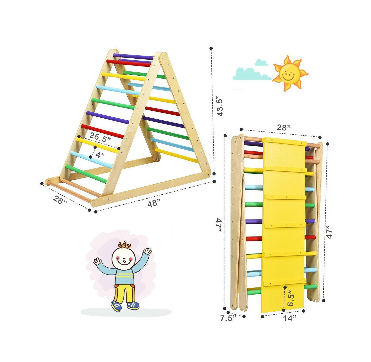 Foldable Wooden Triangle Climber with Reversible Ramp and Non-Toxic Finish for Toddlers Play