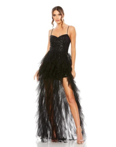 Женские платья Mac Duggal Women's Ieena Sequin Mini Dress With High Low Ruffle Tiered Train