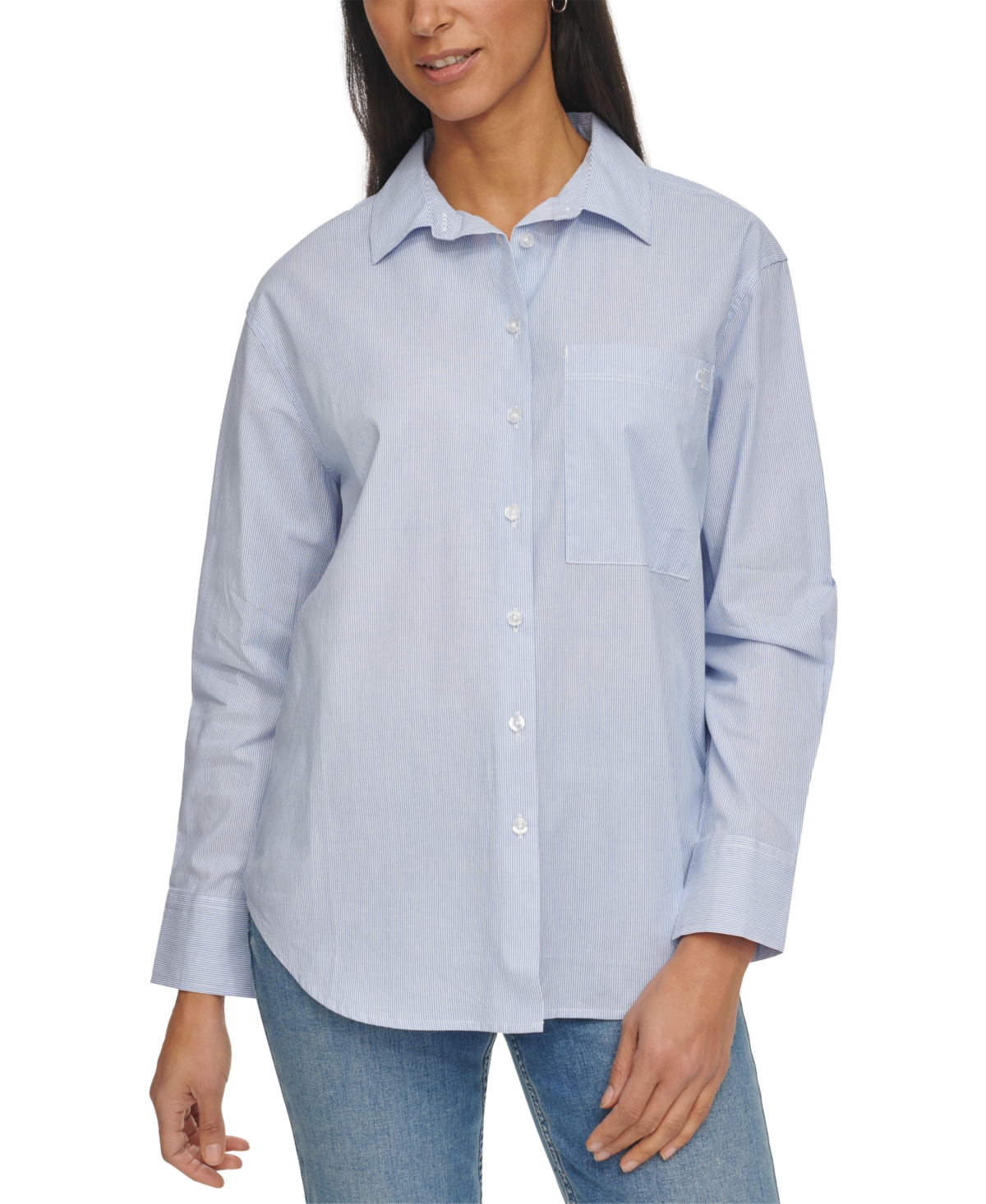 Women's Cotton Striped Boyfriend-Fit Shirt - Blue/White