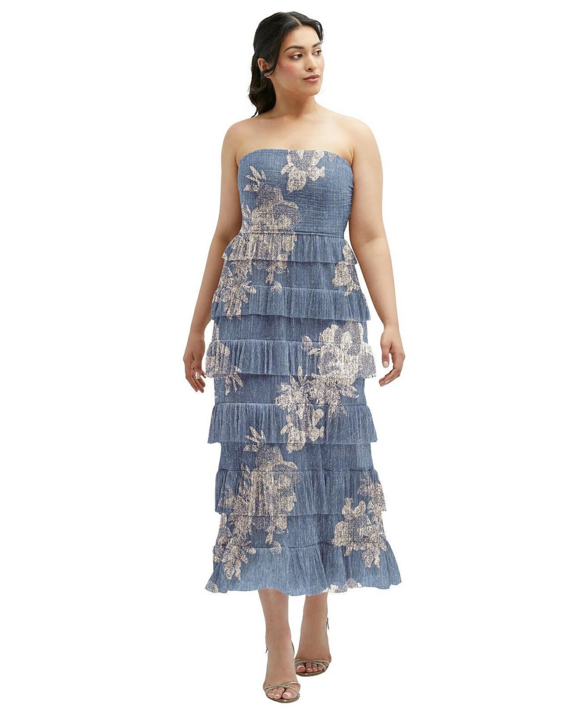 Women's Ruffle Tiered Skirt Metallic Pleated Strapless Midi Dress with Floral Gold Foil Print - French blue gold foil