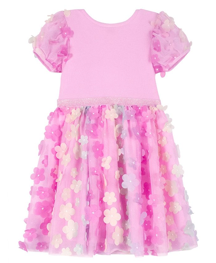 Pink & Violet Little Girls Solid Rib Bodice with 3D Flower Skirt and ...