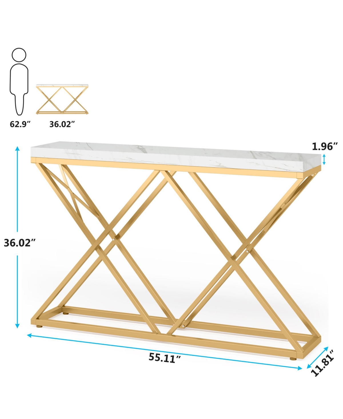 Tribe signs Gold Console Table, Modern 55 inch Entryway Table Narrow Long Sofa Table with Geometric Metal Legs, Faux Marble White Wood Foyer Table for