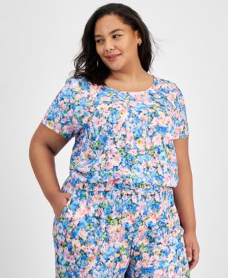 Bar III - Trendy Plus Size Textured Floral Short-Sleeve Top